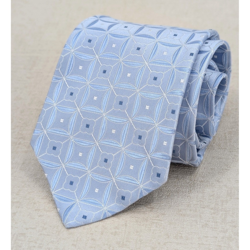 Ike Behar New York Mens Tie Light Blue Silk Geometric Print Handmade USA